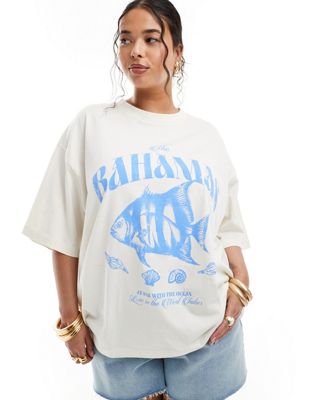 Asos Curve Asos Design Curve Boyfriend Fit T-shirt With Bahamas Sea Graphic In Cream-white