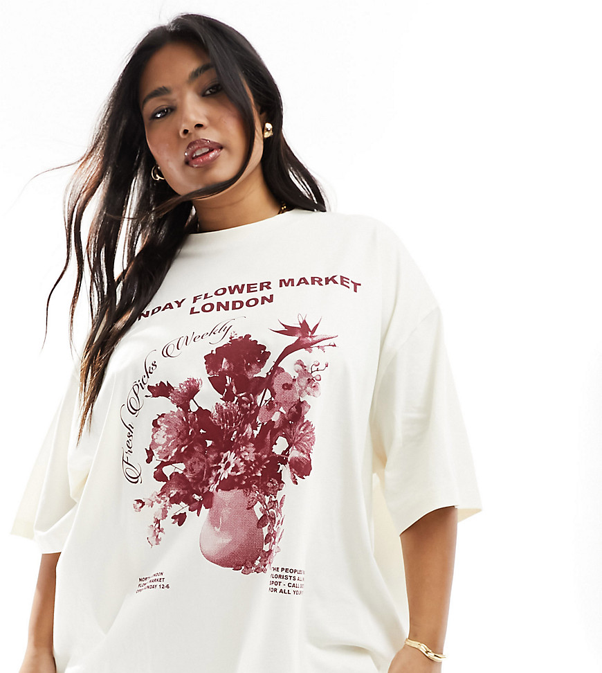 Asos Curve Asos Design Curve Boyfriend Fit T-shirt With Flower Market Graphic In Cream-white