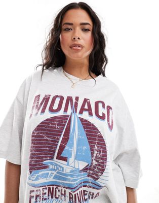Asos Curve Asos Design Curve Boyfriend Fit T-shirt With Monaco Yacht Graphic In Ice Heather-gray