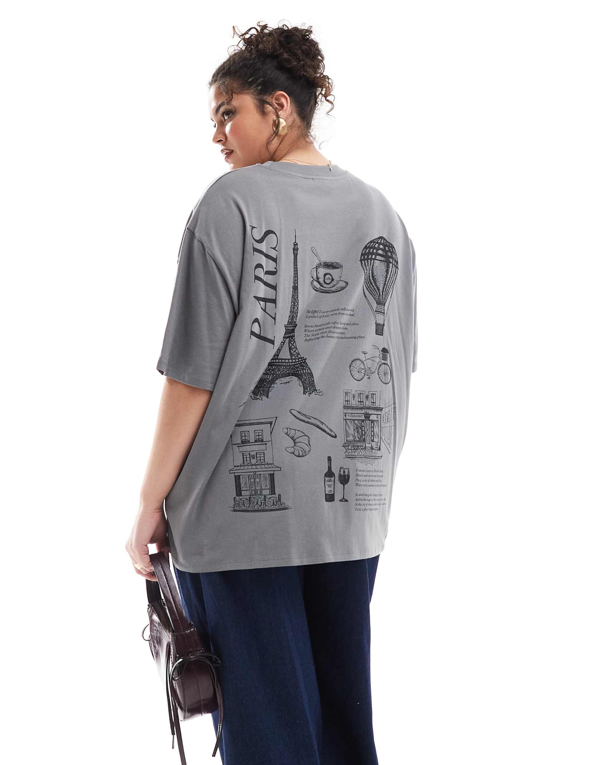 asos design curve boyfriend fit t-shirt with paris back graphic in charcoal