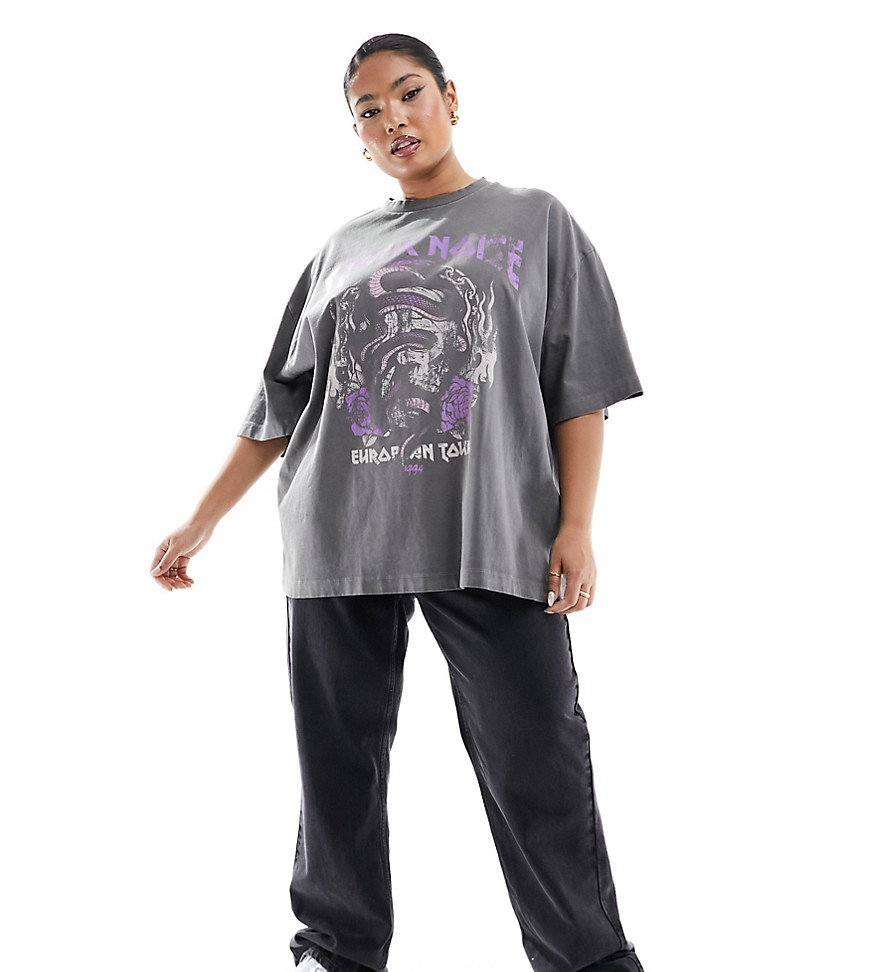 Asos Curve Asos Design Curve Boyfriend Fit T-shirt With Purple Rock Graphic In Washed Black