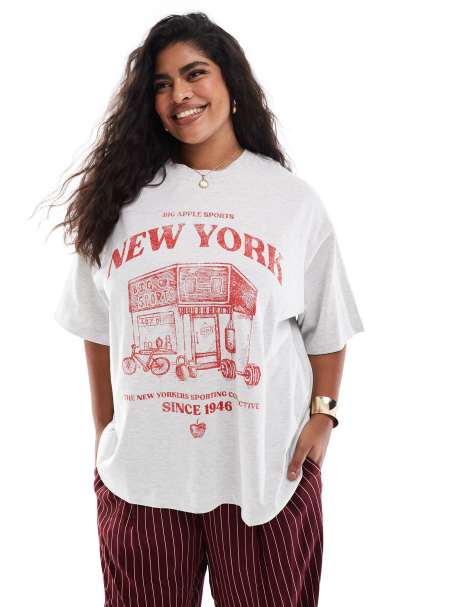 ASOS DESIGN Curve boyfriend fit t-shirt with red new york sports graphic in ice heather - view 1