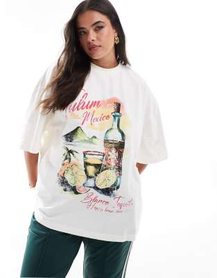 Asos Curve Asos Design Curve Boyfriend Fit T-shirt With Tequila Drink Tulum Graphic In Cream-white