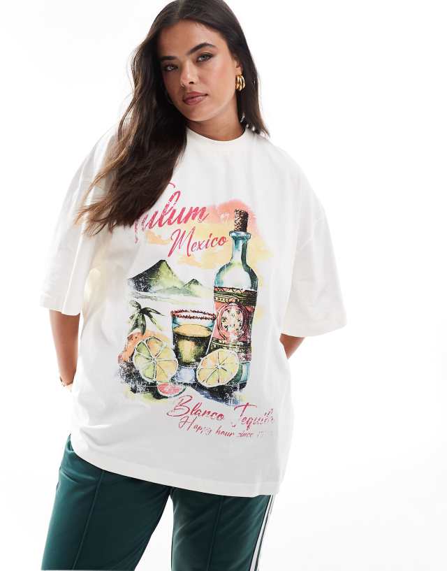 ASOS Curve - ASOS DESIGN Curve boyfriend fit t-shirt with tequila drink tulum graphic in cream