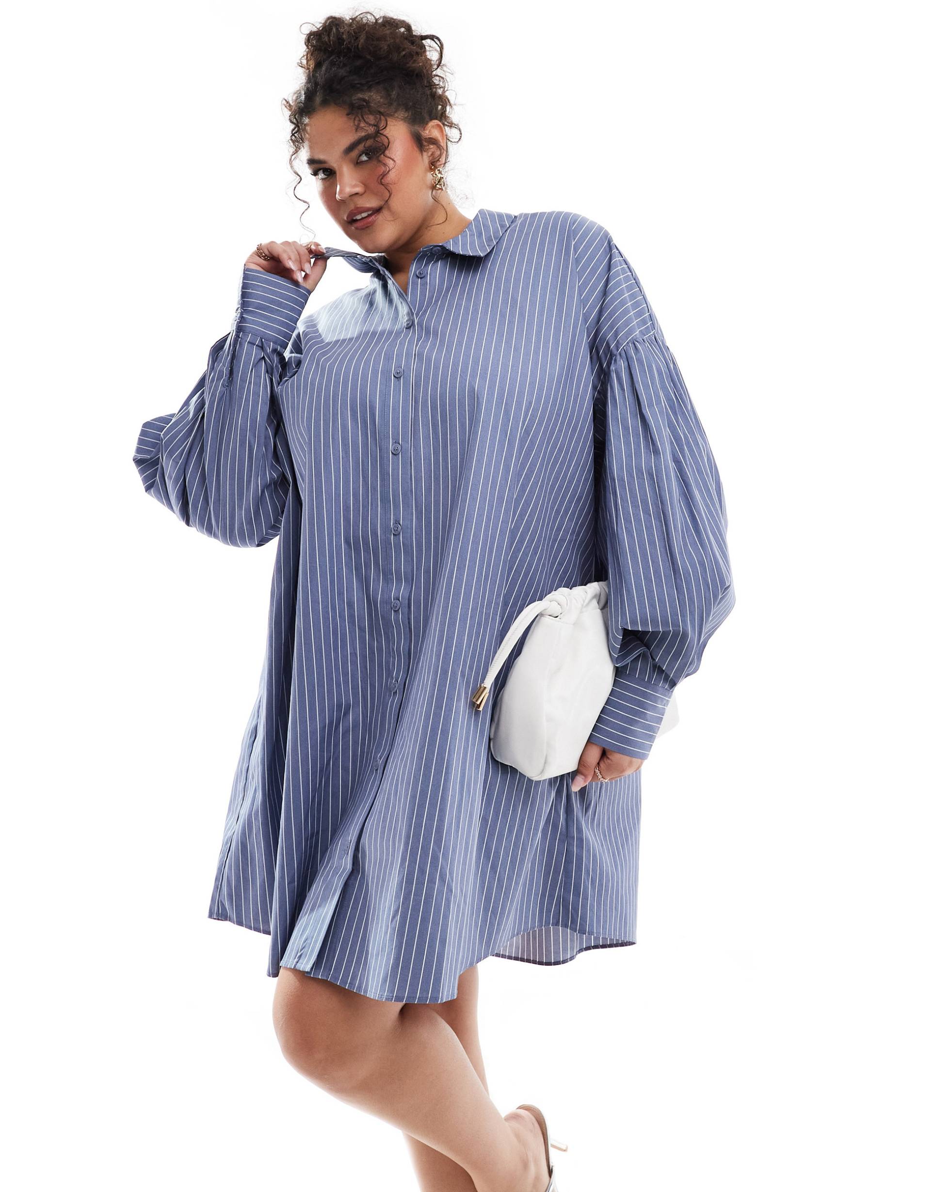 asos design curve boyfriend shirt mini dress with blouson sleeve in blue pinstripe