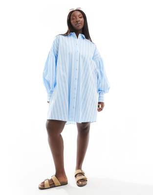 ASOS DESIGN Curve boyfriend shirt mini dress with blouson sleeve in light blue & white stripe