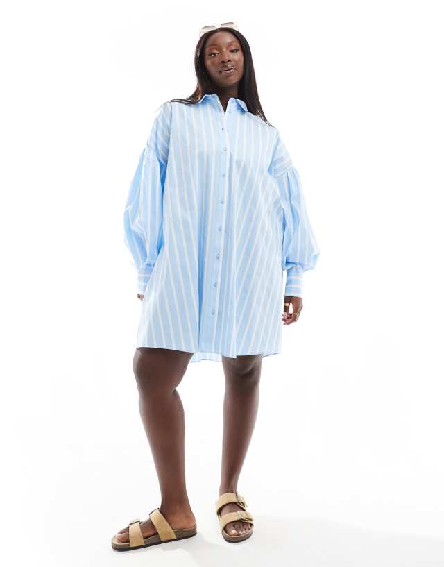 ASOS Curve - ASOS DESIGN Curve boyfriend shirt mini dress with blouson sleeve in light blue & white stripe