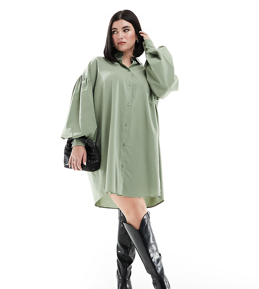 Asos Curve Asos Design Curve Boyfriend Shirt Mini Dress With Blouson Sleeve In Olive-green