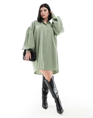  ASOS DESIGN Curve boyfriend shirt mini dress with blouson sleeve in olive