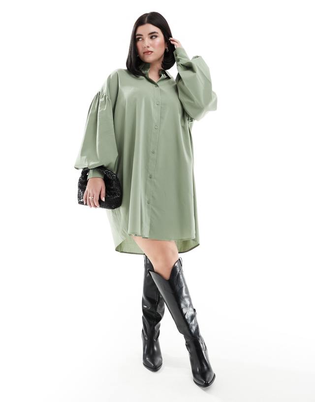 ASOS Curve - ASOS DESIGN Curve boyfriend shirt mini dress with blouson sleeve in olive