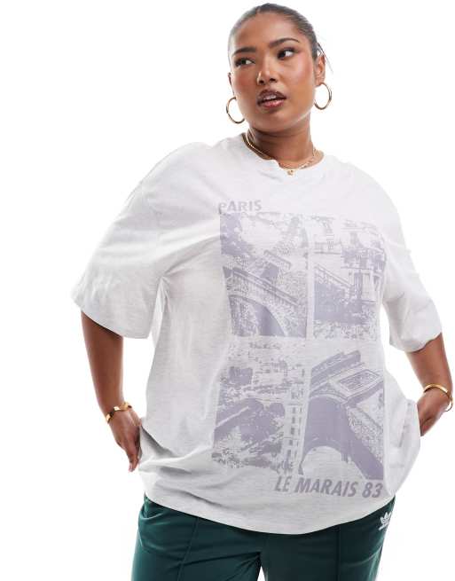 ASOS DESIGN Curve - Boyfriend T-shirt met 'Paris' print in gemêleerd ijsgrijs
