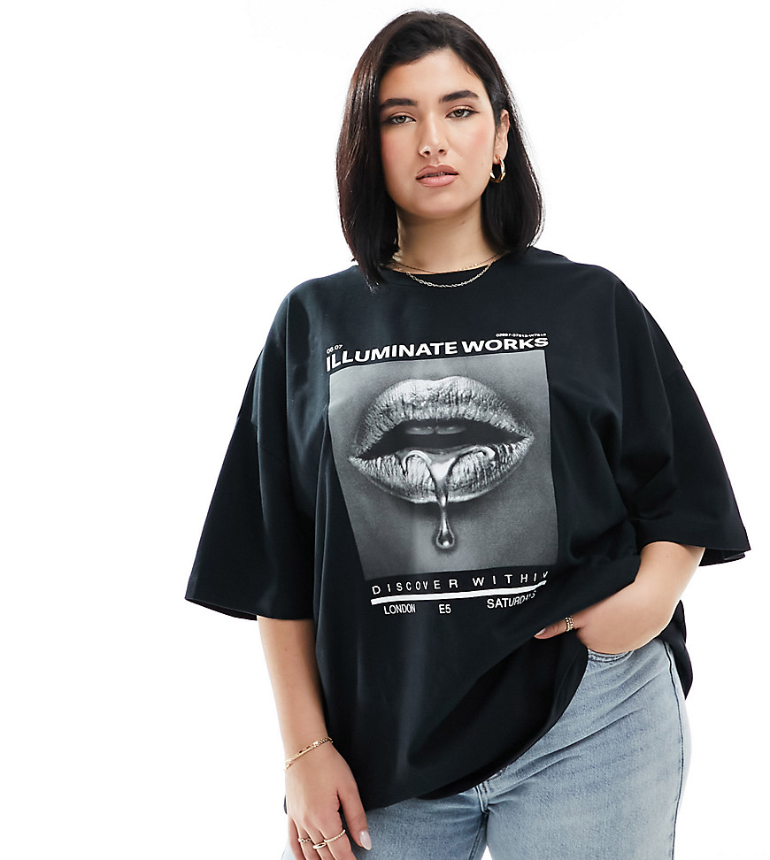 Asos Curve Asos Design Curve Boyfriend T-shirt With Silver Lips Graphic In Black