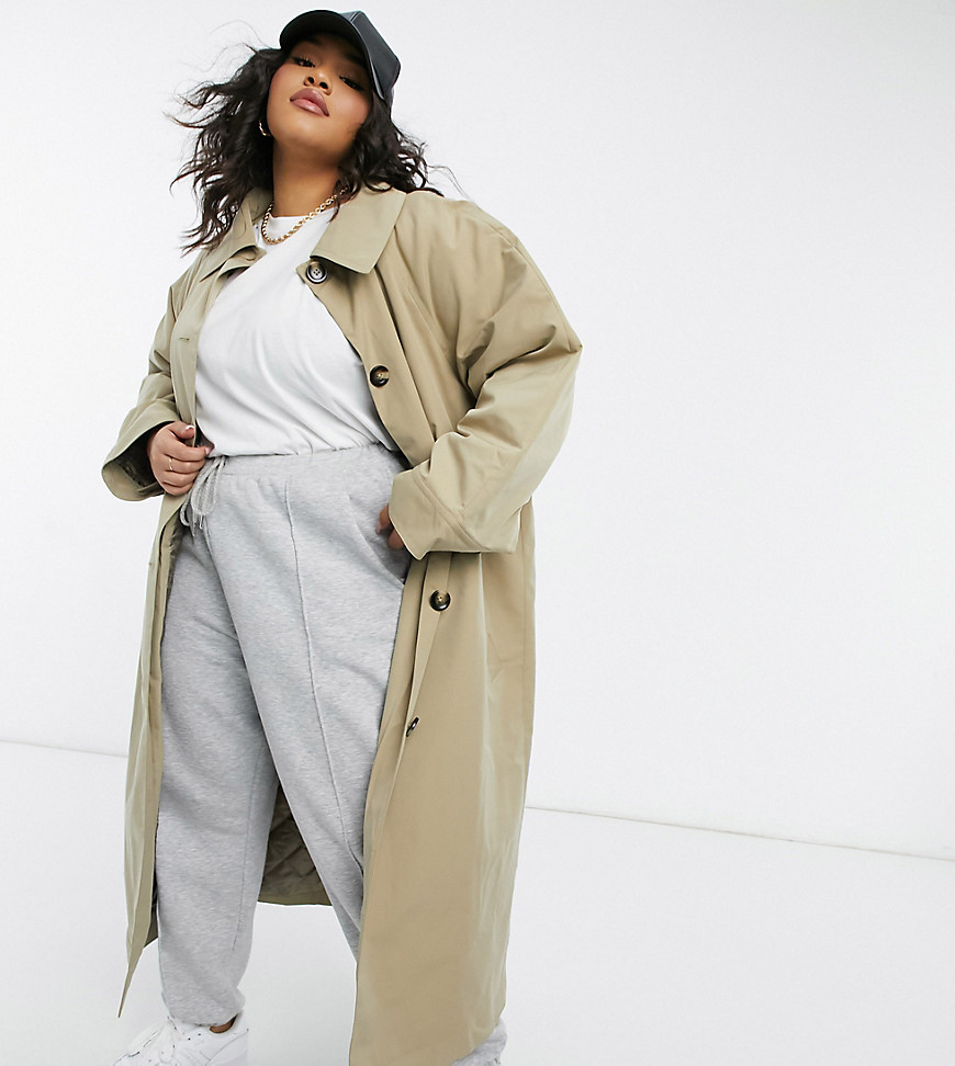 ASOS DESIGN Curve boyfriend trench with quilted liner in stone-Neutral