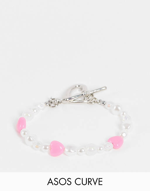 ASOS DESIGN Curve bracelet with iridescent beads and heart t-bar