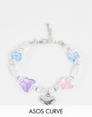 ASOS DESIGN Curve bracelet with mixed beads and metal charms in silver tone