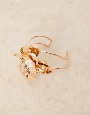 Asos Curve Asos Design Curve Bracelet With Statement Flower And Faux Pearls In Gold