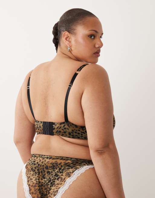 ASOS DESIGN Curve - braguita brasileña de malla transparente con estampado de leopardo y encaje crema, 2 de 4
