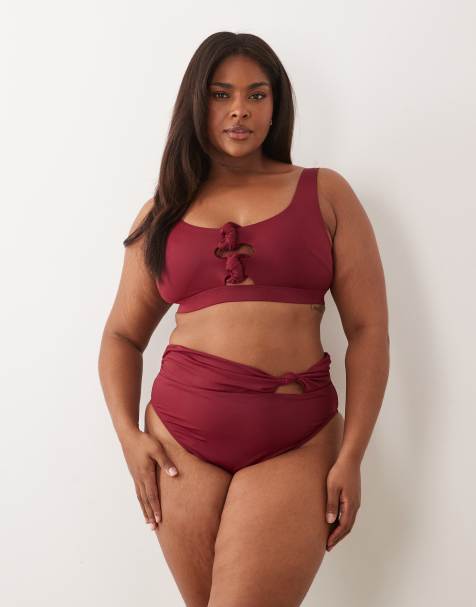 ASOS DESIGN Curve - Braguitas de bikini burdeos de pernera y talle altos Martina - view 1
