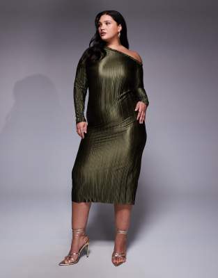 ASOS Design Curve Braided Neckline Plisse Midi Dress in Khaki Green ASOS DESIGN Curve braided neckline plisse midi dress in khaki green | ASOS