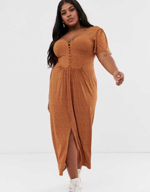 Asos Design Curve Braun Gepunktetes Langes Kleid Aus Jersey Krepp Mit Bedeckten Knopfen Asos