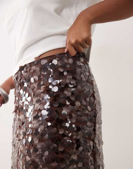 ASOS DESIGN Curve – Brązowa, warstwowa spódnica mini z cekinami, 4 z 5