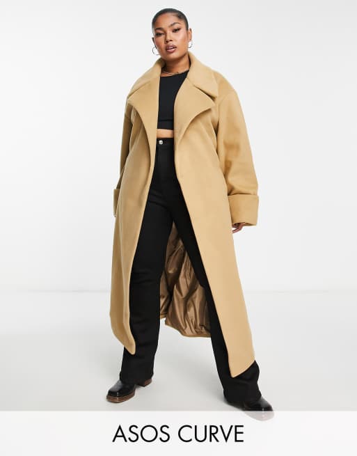 ASOS DESIGN Curve – Brązowy elegancki płaszcz ze szczotkowanego materiału z paskiem 