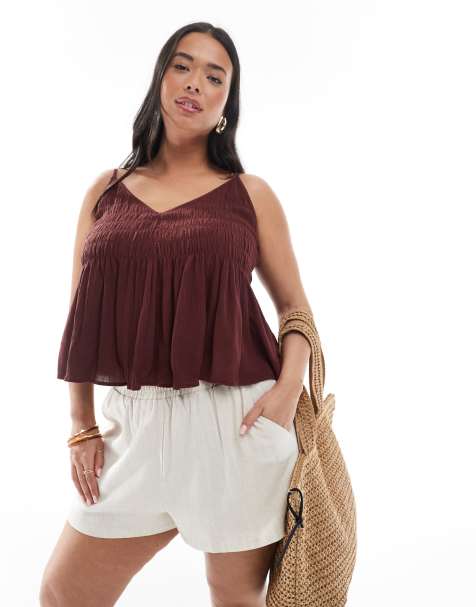 ASOS DESIGN Curve V neck shirred cami in chocolate