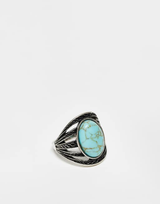 ASOS DESIGN Curve - Brede ring met imitatie-turquoise steen in gepolijste zilverkleur