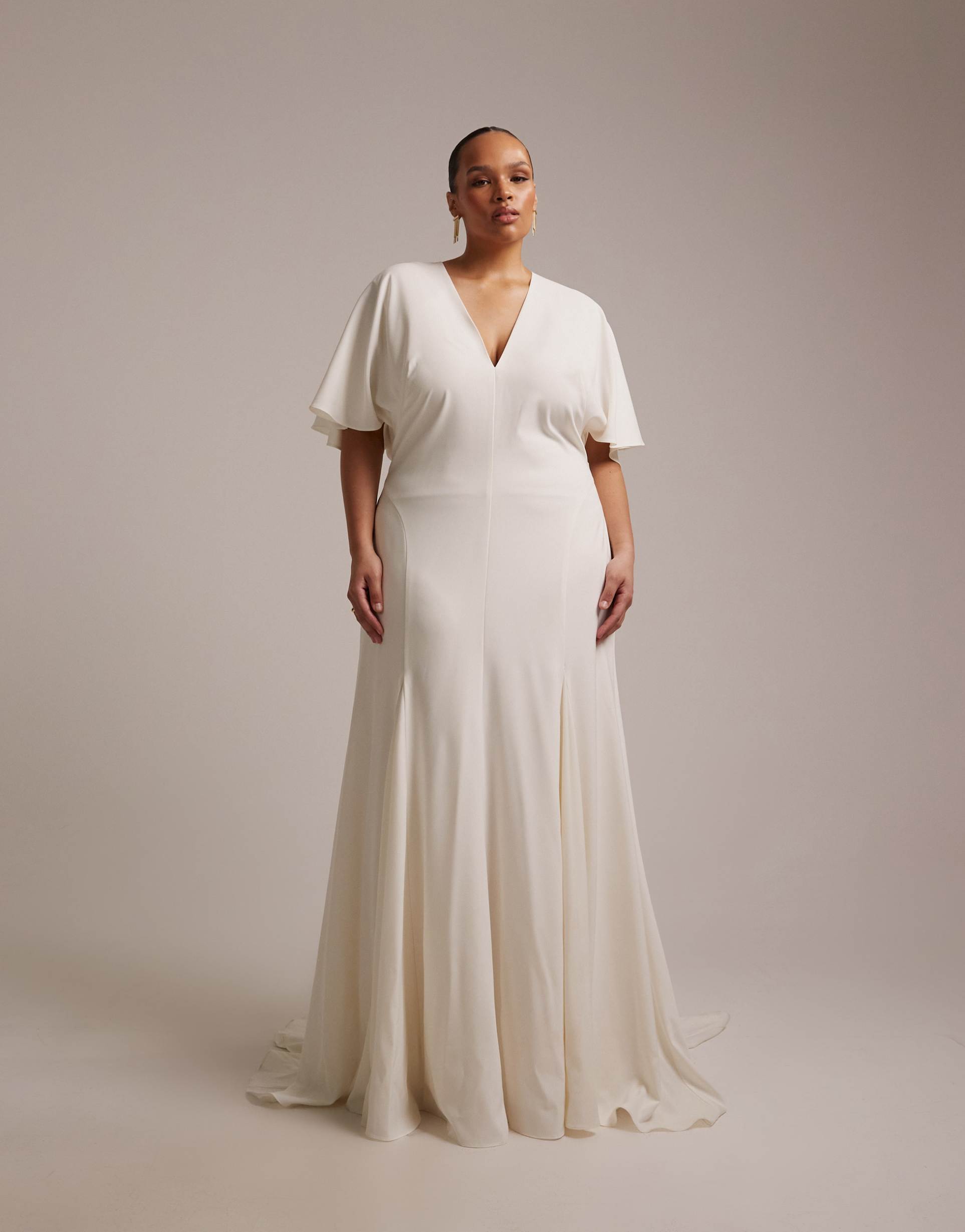 asos design curve bridal cape sleeve godet maxi dress in ivory