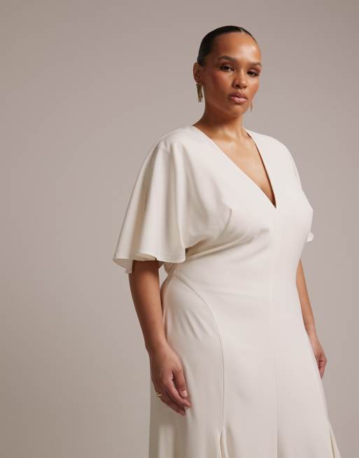 ASOS DESIGN Curve bridal cape sleeve godet maxi dress in ivory, 2 of 5