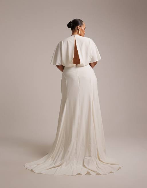 ASOS DESIGN Curve bridal cape sleeve godet maxi dress in ivory, 4 of 5