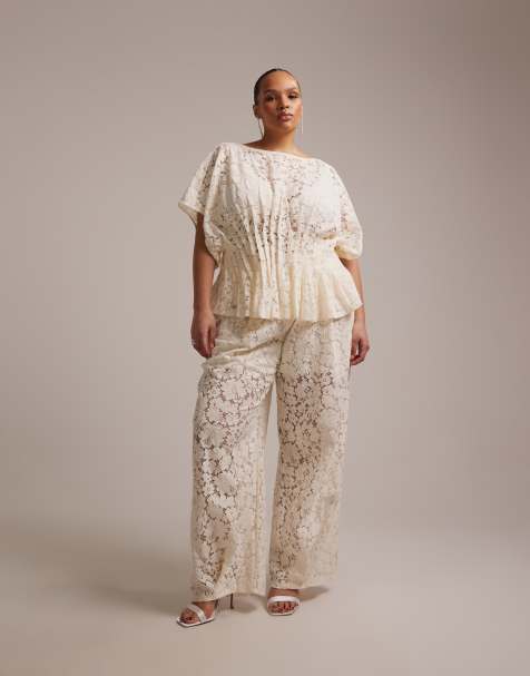 ASOS DESIGN Curve Bridal – Koronkowe spodnie w kolorze kości słoniowej, część zestawu - view 1