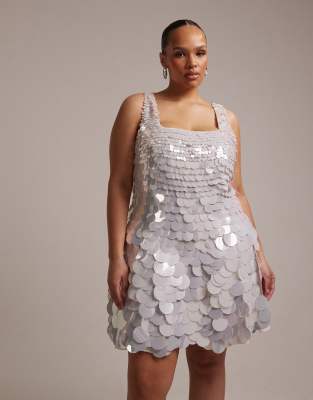 Asos Curve Asos Design Curve Bridal Large Disc Sequin Square Neck Mini Dress-white