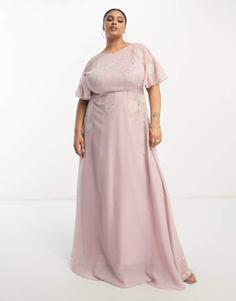 ASOS LUXE Curve drop pearl embellished maxi dress in blush pink