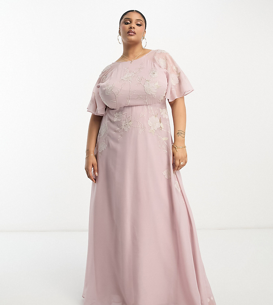 ASOS DESIGN Curve Bridesmaid angel sleeve maxi dress with floral applique in rose-Pink