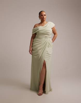 Asos Curve Asos Design Curve Bridesmaid Chiffon Draped One-shoulder Neckline With Fixed Wrap Skirt In Green