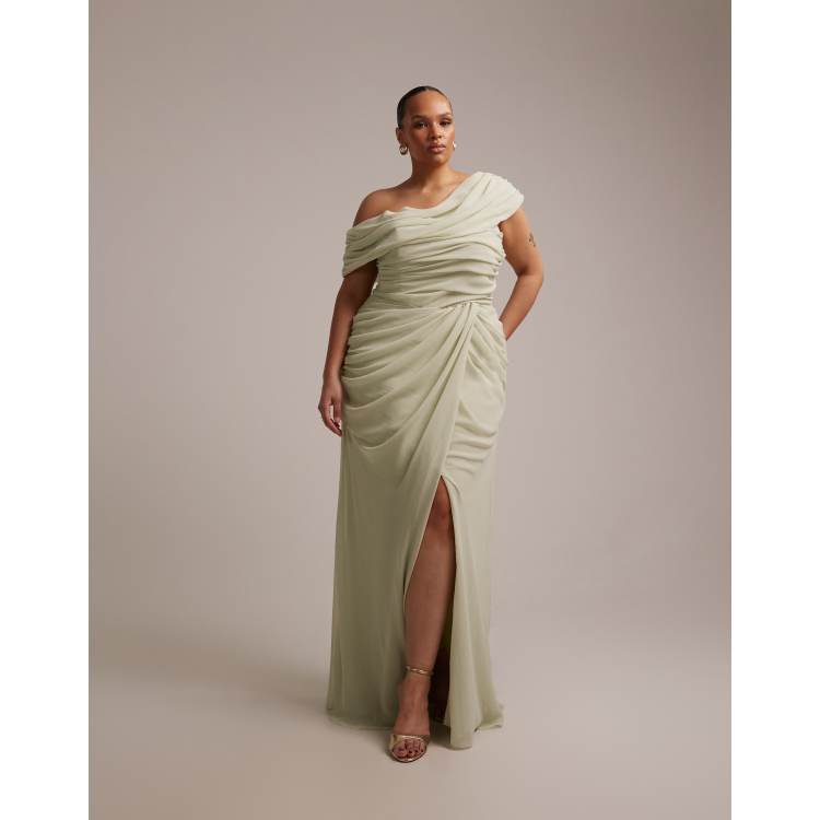 ASOS DESIGN Curve Bridesmaid chiffon draped one-shoulder neckline with  fixed wrap skirt in sage green | ASOS