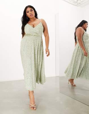 ASOS DESIGN Curve Bridesmaid embellished cami midi dress in sage green