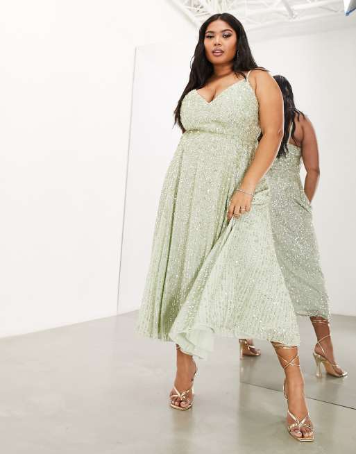 ASOS DESIGN Curve Bridesmaid embellished cami midi dress in sage green