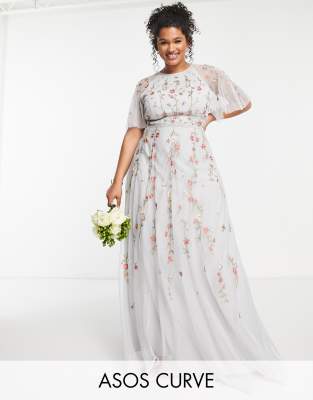 ASOS DESIGN Curve Bridesmaid floral embroidered maxi dress with  embellishment in soft blue | ASOS