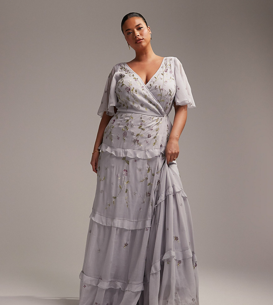ASOS DESIGN Curve Bridesmaid flutter sleeve embellished wrap maxi dress with embroidery in blue