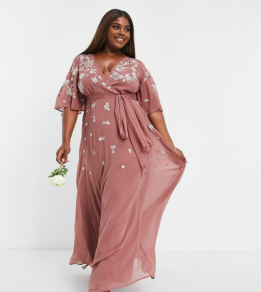 ASOS DESIGN Curve Bridesmaid flutter sleeve wrap waist maxi dress with tonal floral embroidery-Pink