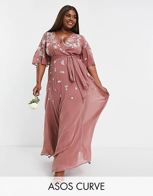 ASOS DESIGN Curve Bridesmaid flutter sleeve wrap waist maxi dress with tonal floral embroidery 