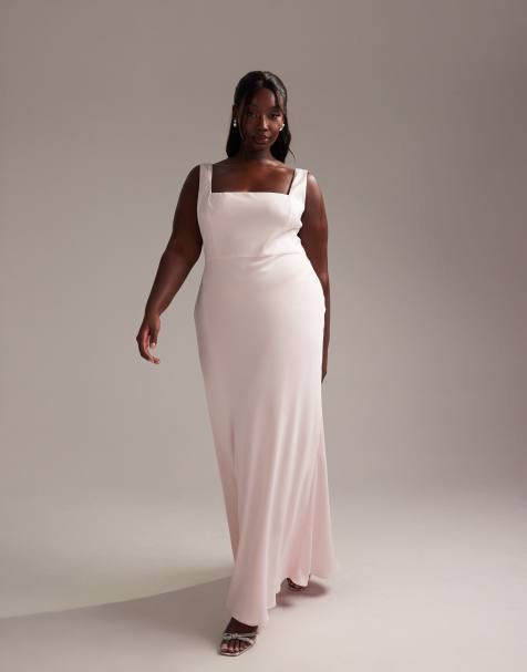 ASOS DESIGN Curve Bridesmaid – Jasnoróżowa satynowa sukienka maxi z dekoltem karo - view 1