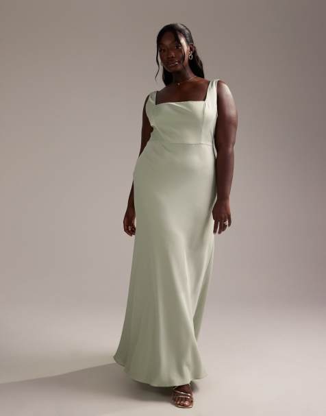 ASOS DESIGN Curve Bridesmaid – Jasnozielona satynowa sukienka maxi z kwadratowym dekoltem - view 1