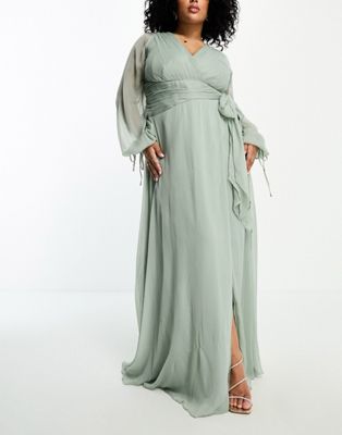 ASOS DESIGN Curve bridesmaid long sleeve ruched maxi dress with wrap skirt in olive-Green