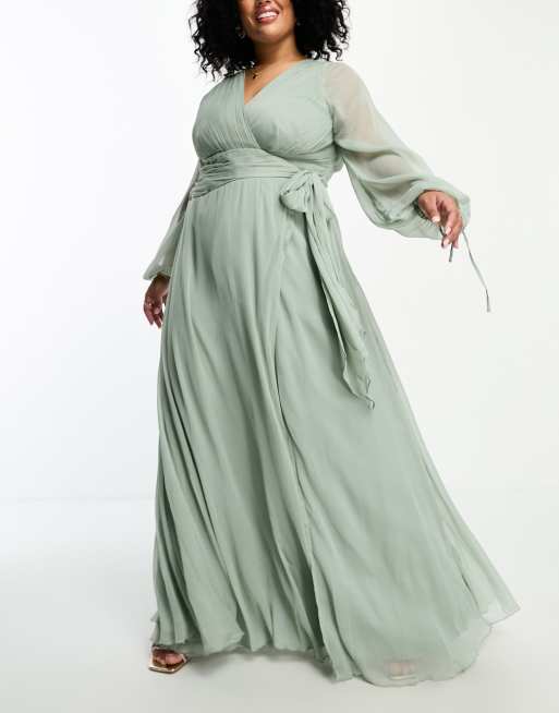 ASOS DESIGN Curve bridesmaid long sleeve ruched maxi dress with wrap skirt in olive