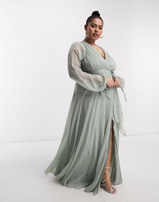 Asos Curve Asos Design Curve Bridesmaid Long Sleeve Ruched Maxi Dress With Wrap Skirt In Sage-green