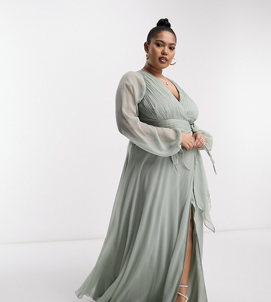 ASOS DESIGN Curve bridesmaid long sleeve ruched maxi dress with wrap skirt in sage-Green