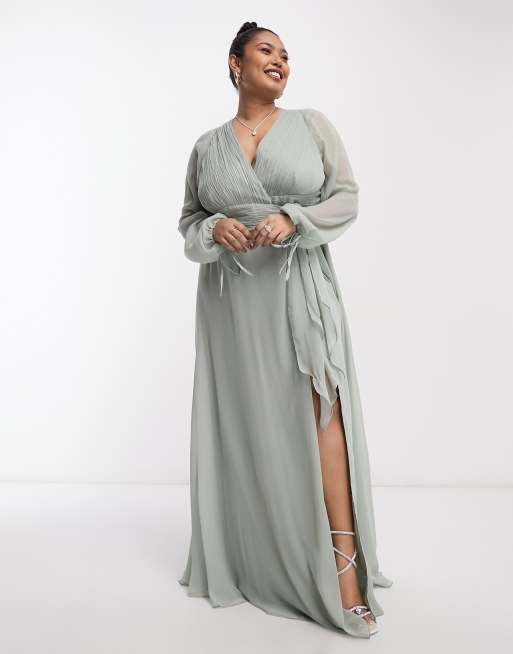 ASOS DESIGN Curve bridesmaid long sleeve ruched maxi dress with wrap skirt in sage